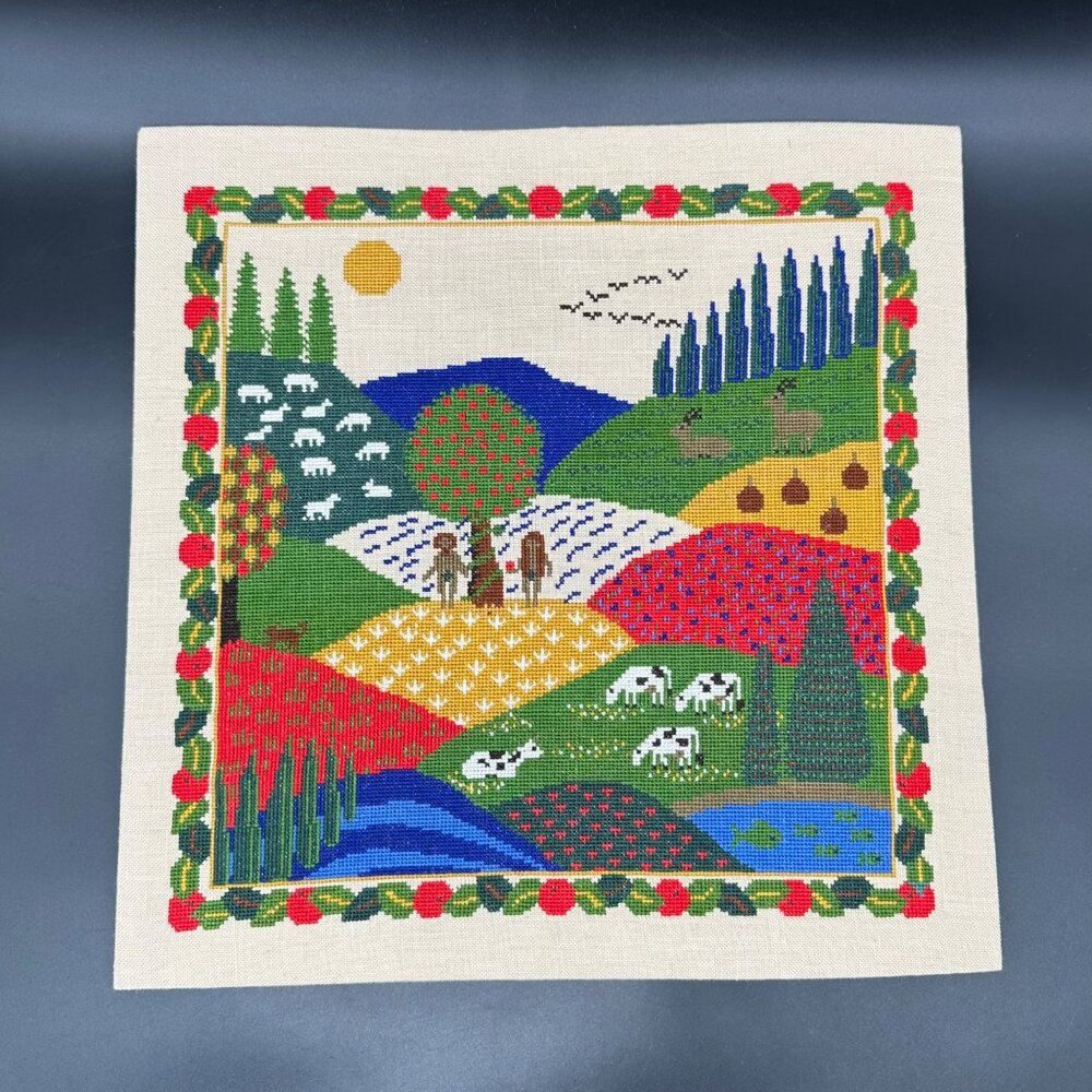 Vintage Embroidery Garden Of Eden Needlepoint Tapestry Adam Eve Fiber Art Kitsch